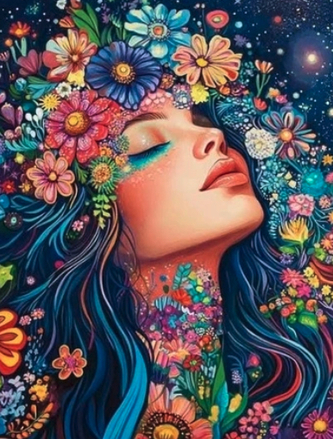 Diamantový obrázek portrét dívky s květinami - abstrakce 30 x 40 cm