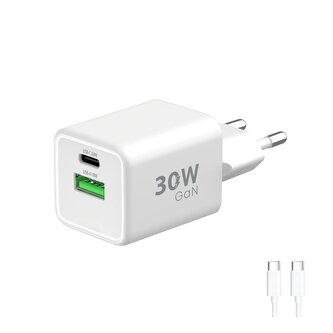 Síťová nabíječka GaN 2x USB 30W + kabel USB-C - bílá