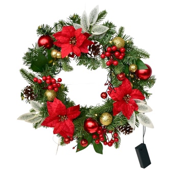 Věnec s ponsetiemi s červenými a zlatými kouličkami 15×LED Ø40 cm