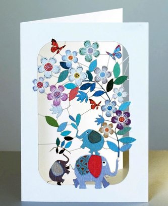 Karnet PM209 wycinany + koperta Słonie z kwiatami