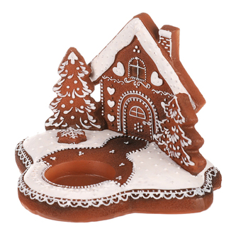 Svícen perníkový s domečkem - polyresin, hnědo - bílý.