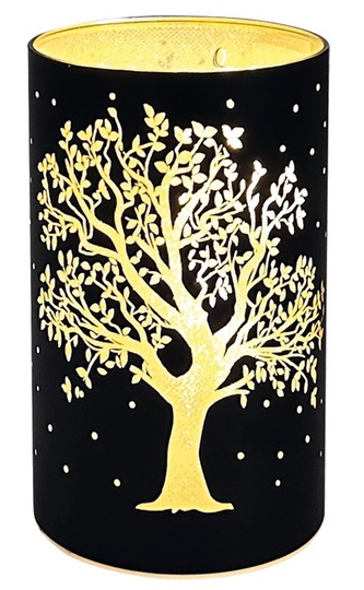 Svítící skleněný válec s motivem stromu – černý, 15 x 9 cm, teplá bílá, 10 LED, časovač
