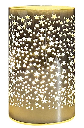 Svítící skleněný válec s hvězdičkami – zlatý, 15 x 9 cm, teplá bílá, 10 LED, časovač