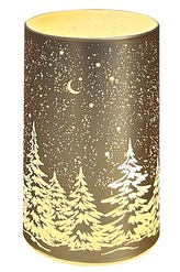 Svítící skleněný válec s motivem krajiny – zlatý, 12,8 x 7,5 cm, teplá bílá, 10 LED, časovač