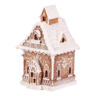 Domeček perníkový - polyresin, LED osvětl., hnědý s bílým zdobením