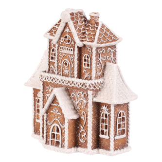 Domeček perníkový - polyresin, LED osvětl., hnědý s bílým zdobením