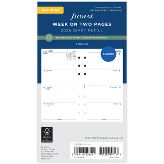 Filofax, Kalendář 2026 osobní, týden/2 strany, AJ, recyklovaný