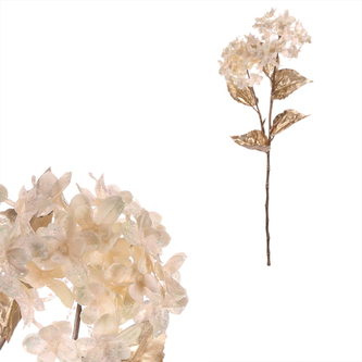 Hortenzie - umělá řezaná, 2 květy, zlaté lístky, krémová