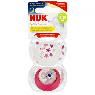 NUK Smoczek uspokajający silikonowy 18-36m Star Day&Night róż op.2 szt.10739735