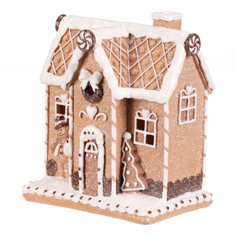 Domeček perníkový s panáčkem - polyresin, LED osvětl., hnědo-bílý