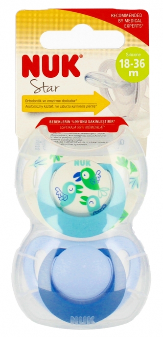 NUK Smoczek uspokajający silikonowy 18-36m Star niebieski/zielony op.2 szt. 10739745