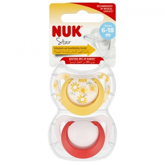 NUK Smoczek uspokajający silikonowy 6-18m Star żółty/czerwony op.2 szt. 10736726