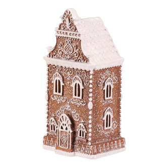 Domeček perníkový - polyresin, LED osvětl., hnědý s bílým zdobením Domeček perníkový - polyresin, LED osvětl., hnědý s bílým zdobením