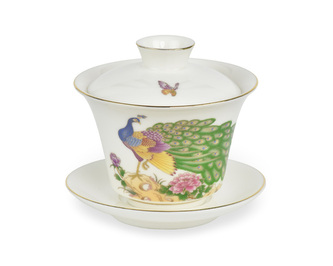 Porcelánový zhong/gaiwan Peacock, bílý, barevný páv, 160 ml