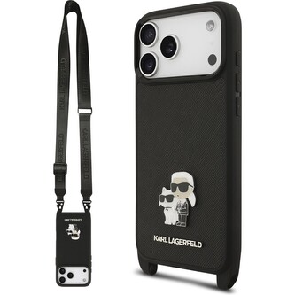 Karl Lagerfeld Saffiano Crossbody Popruh Metal Karl and Choupette kryt iPhone 17 Pro černý Karl Lagerfeld Saffiano Crossbody Popruh Metal Karl and Choupette kryt iPhone 17 Pro černý