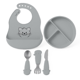 Detský silikónový set FreeON - sivý tanier, príbor a podbradník
