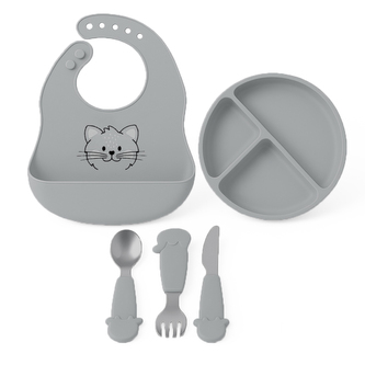 Detský silikónový set FreeON - sivý tanier, príbor a podbradník