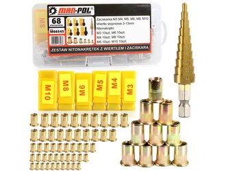 Nýtovací matice, nýtovací trny M3 - M10, se stupňovitým vrtákem, sada 68 ks MAR-POL