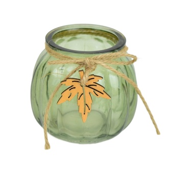 Svícen s lístkem skleněný zelený 7,5x8 cm