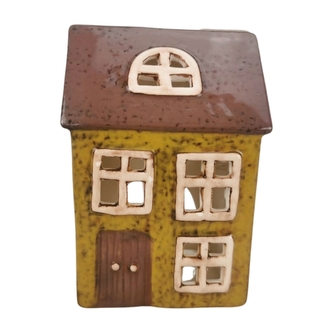 Keramický domeček na svíčku, žlutohnědý, 14 cm