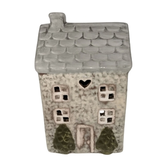 Keramický domeček na čajovou svíčku, světle šedý 15,7 cm