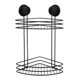 MSV rohová polička s přísavkami MEGA VENTOUSES, do koupelny, 2 patra, černá, ocel, 21,5 cm