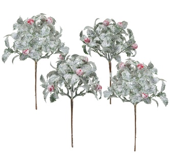 Keřík zelený s červenými bobulemi s jinovatkou 25 cm, set 4 ks