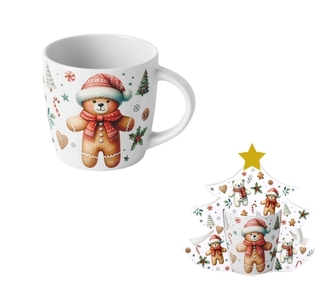 Porcelánový hrnek VÁNOČNÍ PERNÍČEK MEDVĚD, 400 ml v papírovém košíku ve tvaru stromečku    Porcelánový hrnek VÁNOČNÍ PERNÍČEK MEDVĚD, 400 ml v papírovém košíku ve tvaru stromečku