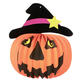 Halloweenská lucerna 26 cm - Dýně s kloboukem, papírová, kulatá