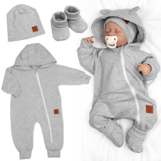 Rostoucí teplákový overal pro miminko, čepice, botky, 3D, Nature - šedý melír; 56/62 (0-3m); šedá; 95% bavlna + 5% elastan