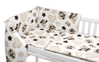 Mantinel s povlečením do postýlky, 3D sada Myška Retro - bílá s potiskem; béžová, bílá; 100 % bavlna, bavlna,hypoalergenní duté vlákno