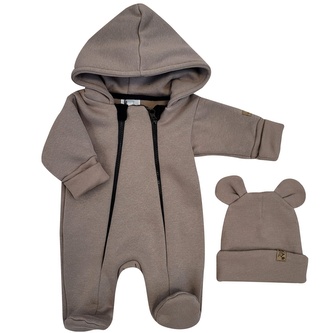 Oteplený dětský overal se šlapkama a kapucí + čepička, 2D, hnědá; 56 (1-2m); hnědá; bavlna, elastan