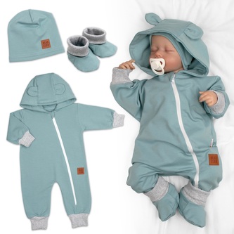 Rostoucí teplákový overal pro miminko, čepice, botky, 3D, Nature, ledová máta, šedá, 68/74; 68/74 (6-9m); mátová, šedá; 100 % bavlna, elastan