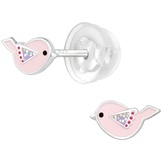 Dětské stříbrné náušničky premium Ptáček růžový, puzetové, silikon; stříbro 925