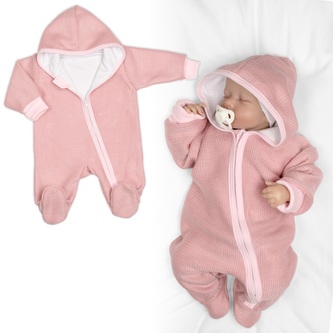 Pletený overal s kapucí, CUTE - pudrově růžový, vel. 62; 62 (2-3m); růžová; akryl, bavlna