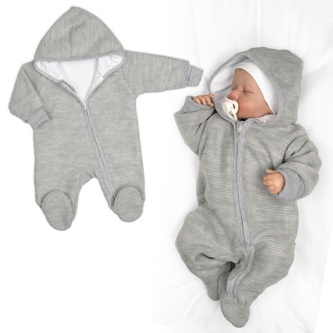 Pletený overal s kapucí, CUTE - šedý, vel. 62; 62 (2-3m); šedá; akryl, bavlna