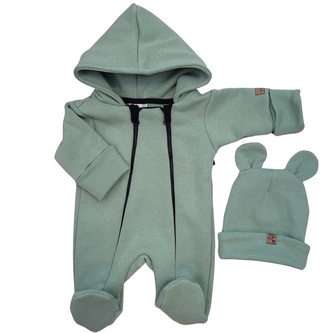Oteplený dětský overal se šlapkama a kapucí + čepička, 2D, zelená; 56 (1-2m); zelená; bavlna, elastan