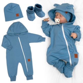 Rostoucí teplákový overal pro miminko, čepice, botky, 3D, Nature - tm. modrý; 56/62 (0-3m); modrá; 95% bavlna + 5% elastan