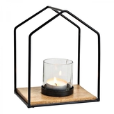 Kovový svícen ve tvaru domečku na mango dřevěném podstavci 25 cm