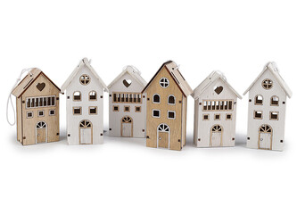 Dřevěné domečky mix k zavěšení - 6 ks - přírodní bílá