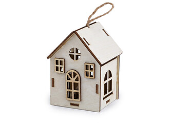 Dřevěný domeček svítící k zavěšení - 1 ks - 4 přírodní sv.