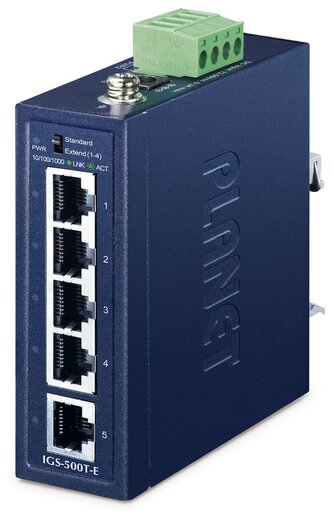 Planet IGS-500T-E, 5x 1000Base-T, DIN, IP40, rozšířený teplotní rozsah -40~75°C, ESD+EFT do 6kV, triple 12~55VDC, 250m Planet IGS-500T-E, 5x 1000Base-T, DIN, IP40, rozšířený teplotní rozsah -40~75°C, ESD+EFT do 6kV, triple 12~55VDC, 250m