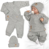 Rostoucí pletený zavinovací svetřík, kalhoty a čepice, 3D - šedá; 56/62; šedá; akryl