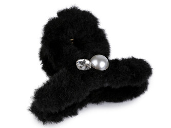 Skřipec do vlasů kožešinový s perlou a broušeným kamenem - 1 ks - 6 černá