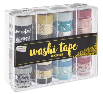 Dekorační lepicí páska - Washi pásky 3m, 40ks v boxu - třpytivé