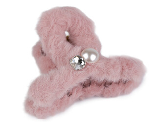 Skřipec do vlasů kožešinový s perlou a broušeným kamenem - 1 ks - 5 pudrová