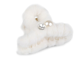 Skřipec do vlasů kožešinový s perlou a broušeným kamenem - 1 ks - 1 krémová nejsvět.