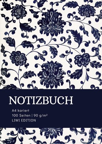 Notizbuch A4 kariert - 100 Seiten Soft Cover floral blau - FSC Papier
