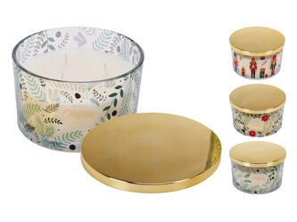 Svíčka ve skle 100x100mm 3 knoty vonná Merry Cristmas/Happy Holidays/Louskáček s kovovým víčkem, barevná