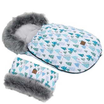 Zimní fusak Lux s kožešinkou + rukávník, Zimní les, 50 x 100cm - šedý/zelený; šedá, zelená; polyester; 100 cm